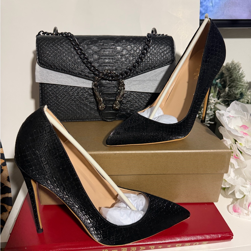Black Croc-Embossed Pointed-Toe Stiletto Heels And Purse Set
